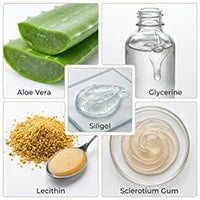 Aloe Vera, Glycerine, Siligel, Lecithin, Sclerotium Gum